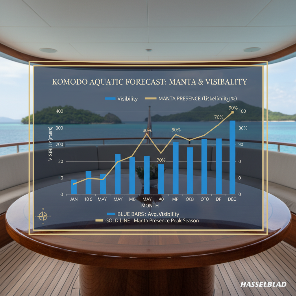 Detailed Komodo aquatic forecast chart for manta presence and visibility displayed on a luxurious private yacht deck.