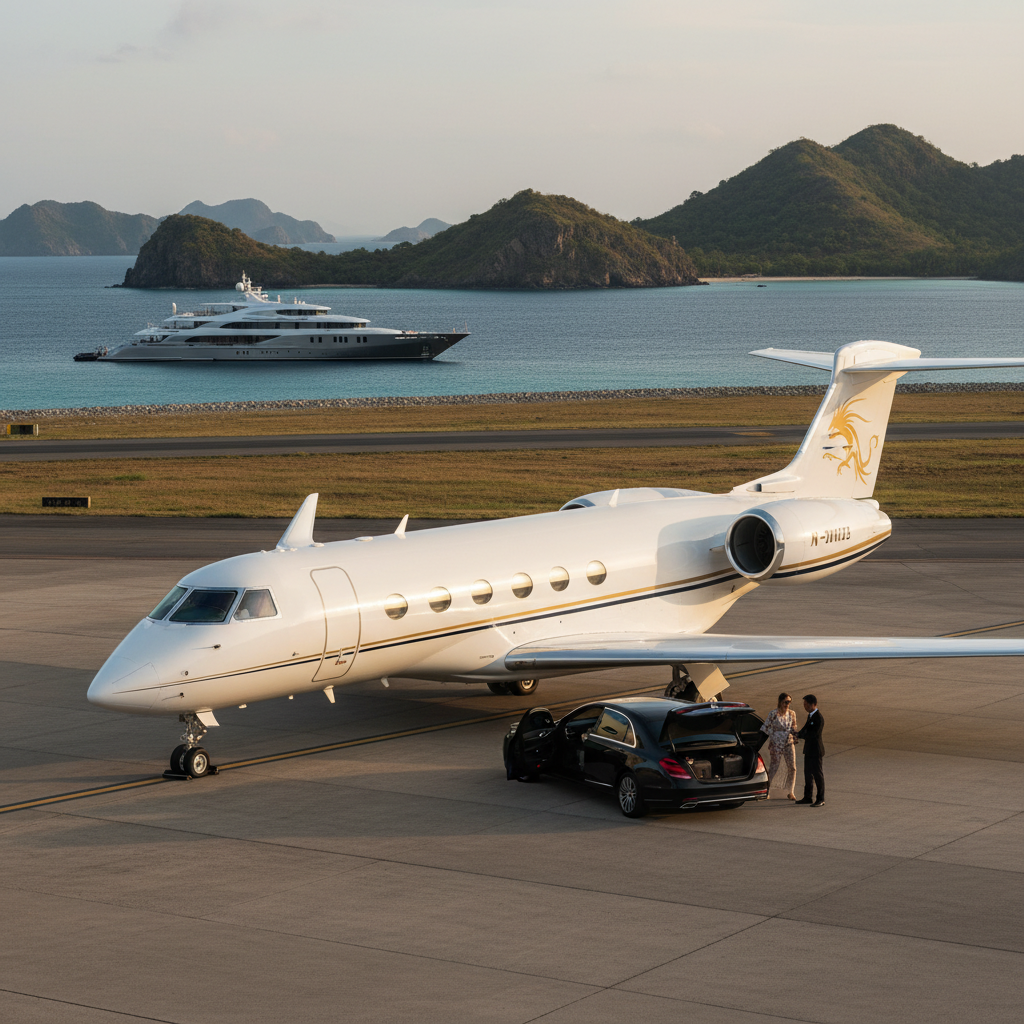 High-net-worth travelers arriving by private jet for a Komodo luxury charter yacht experience.