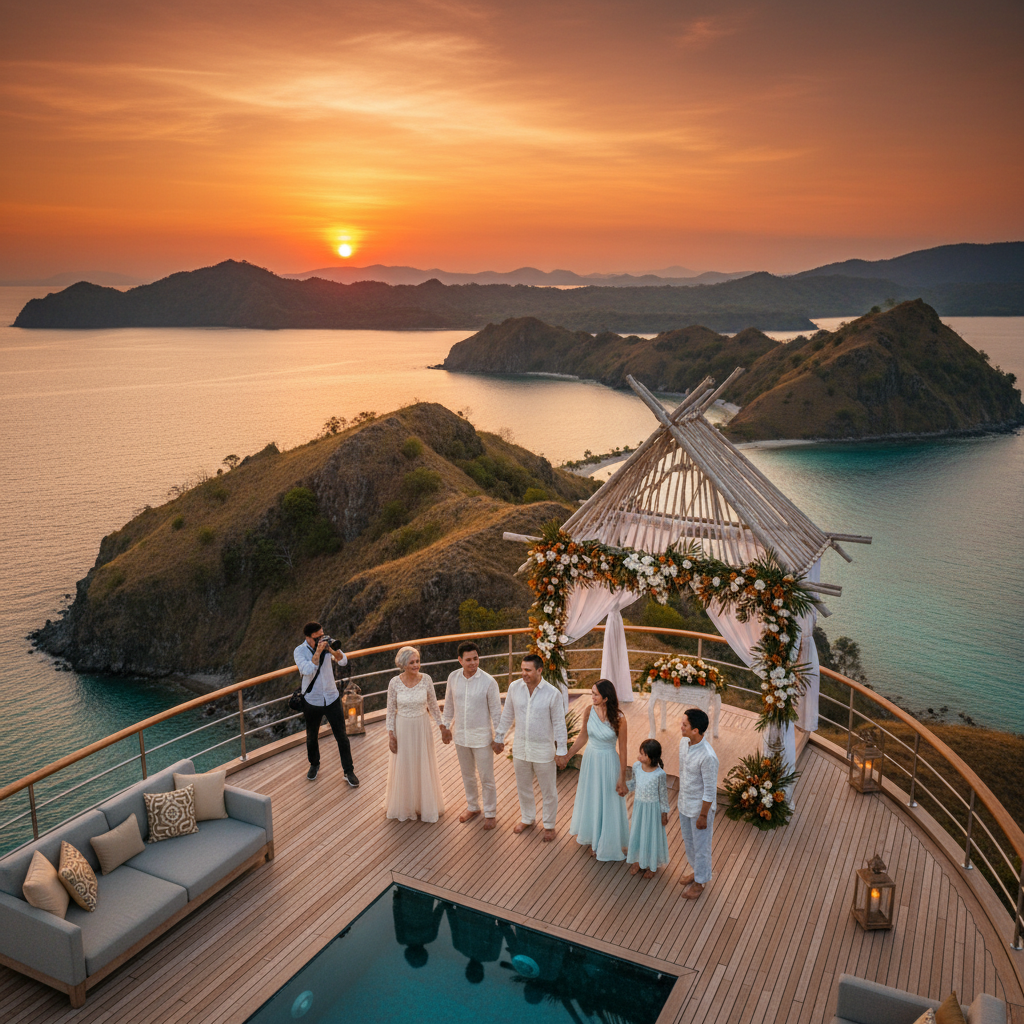 Family celebrating on a Komodo luxury charter phinisi yacht deck overlooking islands at sunset.