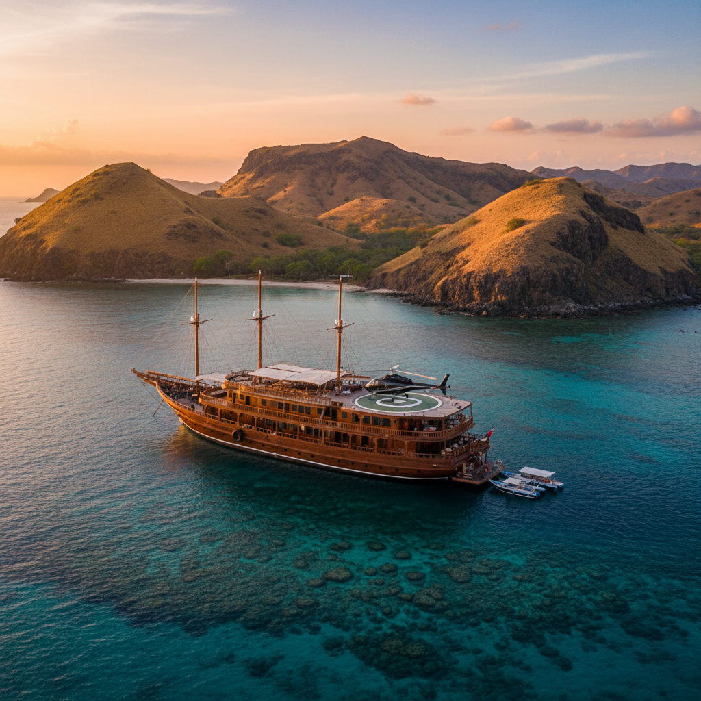 Luxury phinisi yacht with helicopter on deck, anchored in clear Komodo waters at sunset.